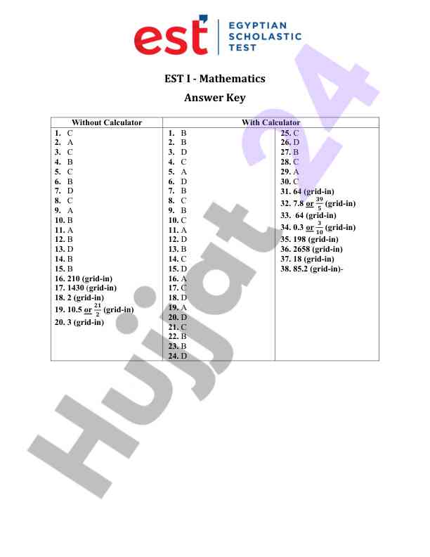 Est i mathematics answer key