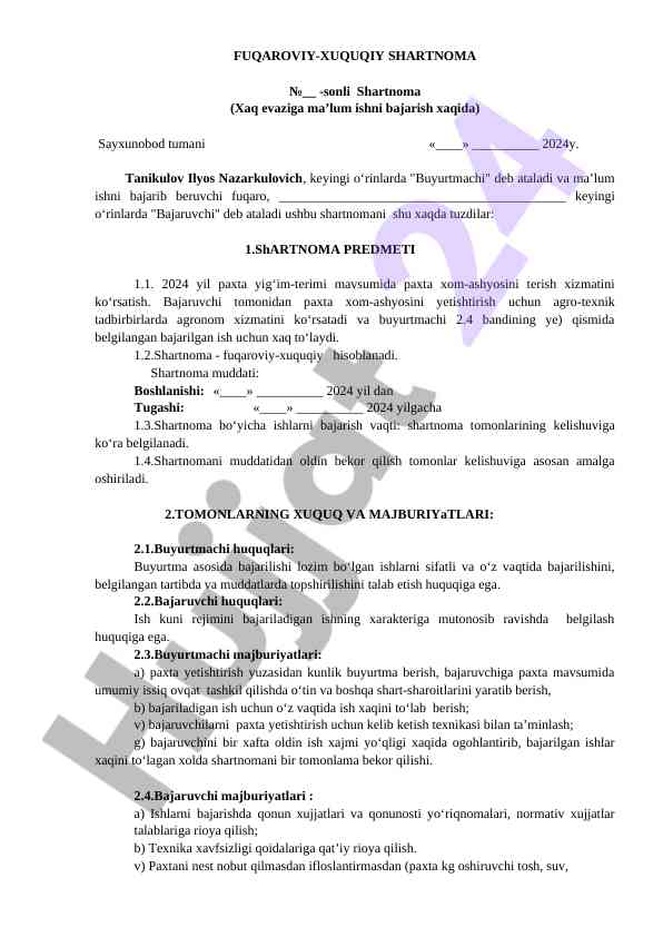 Fuqaroviy-xuquqiy shartnoma 2024 yil paxta yig‘im