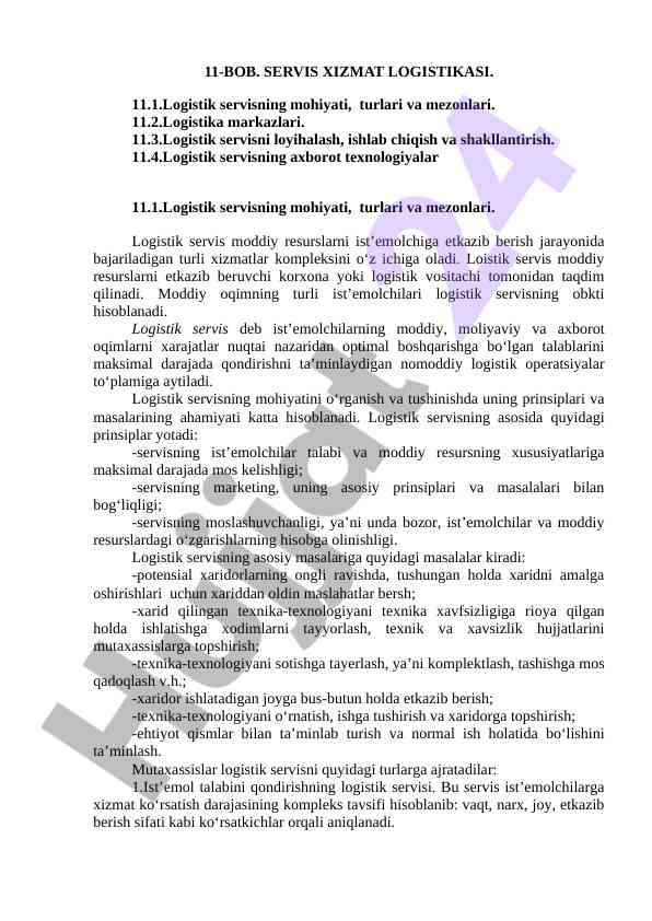 Logistik servis xizmatining turlari va mezonlari