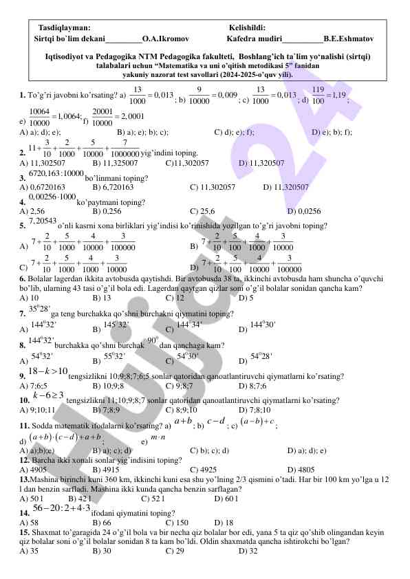 Matematika testi savollari va javoblari