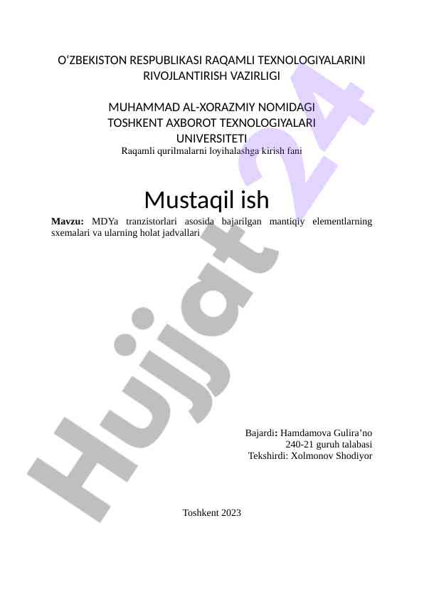 Mdya tranzistorlari asosida mantiqiy elementlar sxemalari