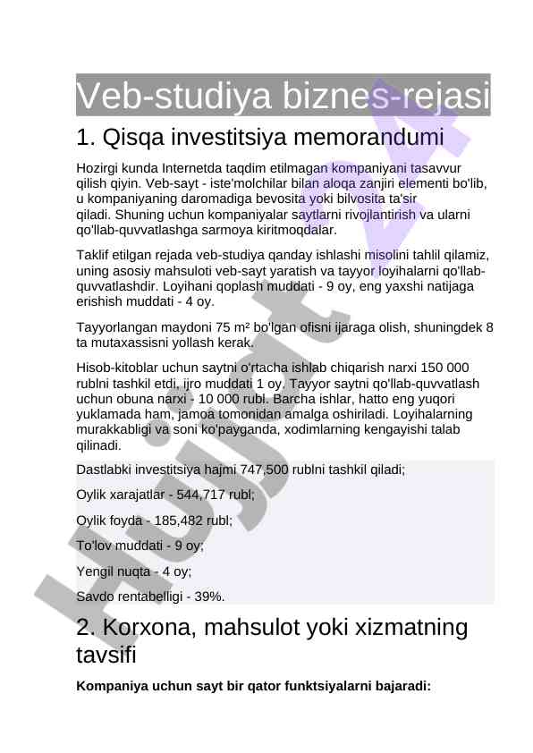 Veb-studiya biznes-rejasi uchun investitsiya taklifi
