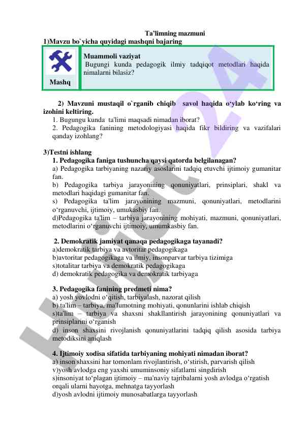 Ta’limning mazmuni va pedagogik metodlar