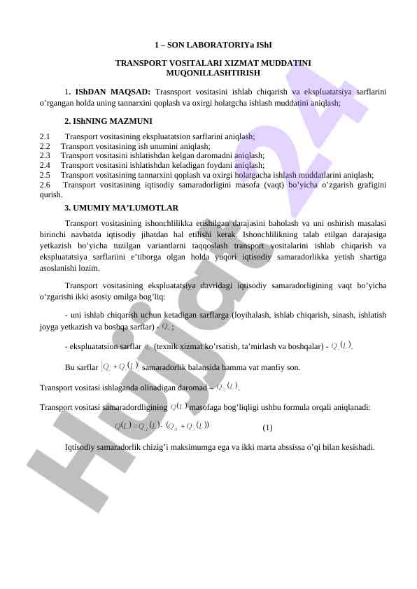Transport vositalari ishlash muddatini aniqlash