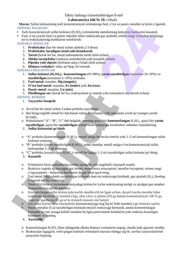 Sulfat kislotasi bilan metallarning reaksiyalarini o‘rganish