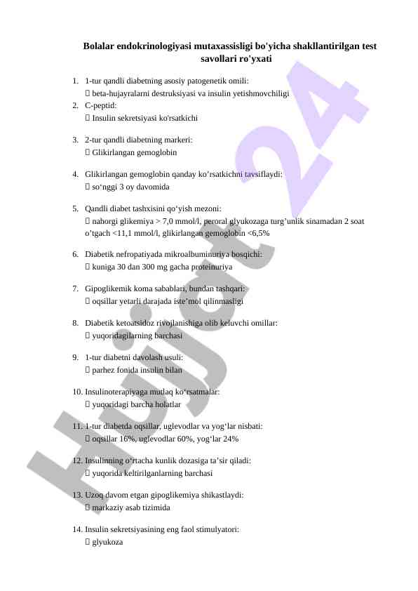 Bolalar endokrinologiyasi test savollari ro'yxati
