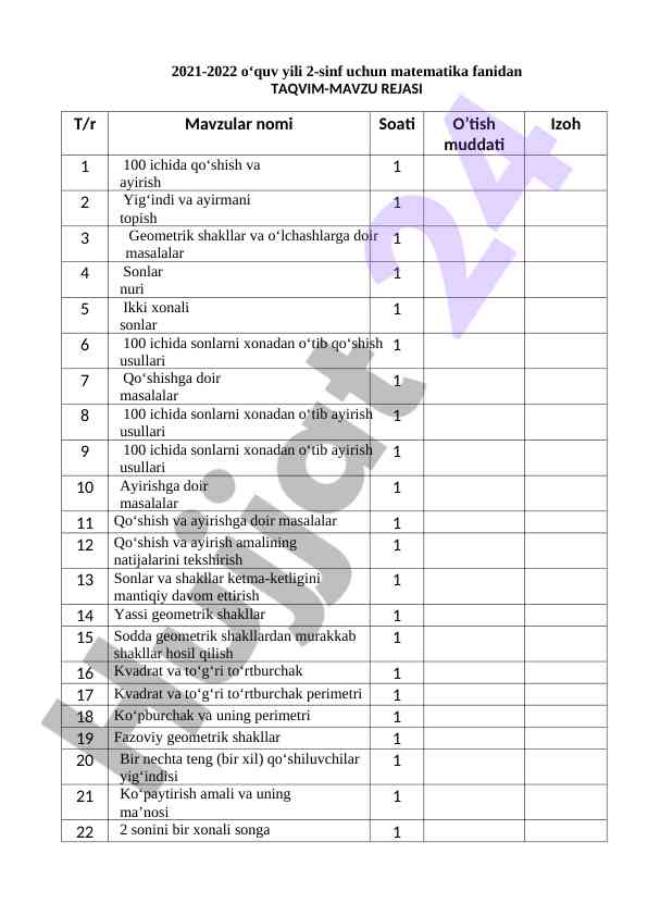 Matematika fanidan 2-sinf ta'lim rejasi 2021-2022