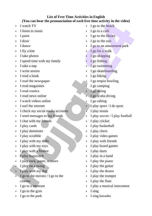 List of free time activities in english