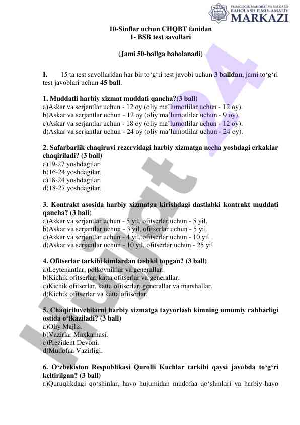 10-sinflar uchun chqbt fanidan test savollari