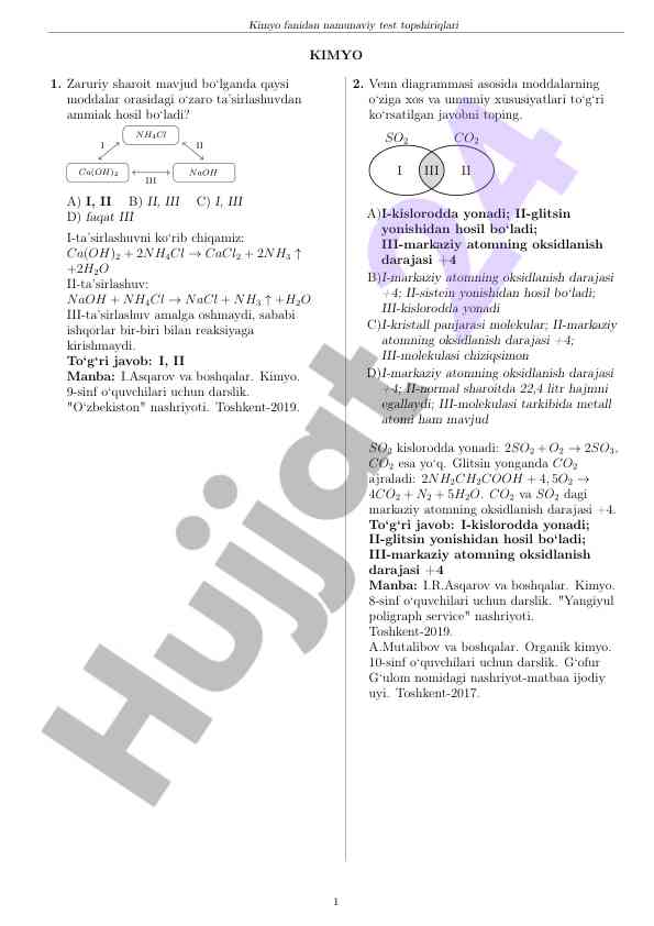 Kimyo fanidan namunaviy test topsiriqlari