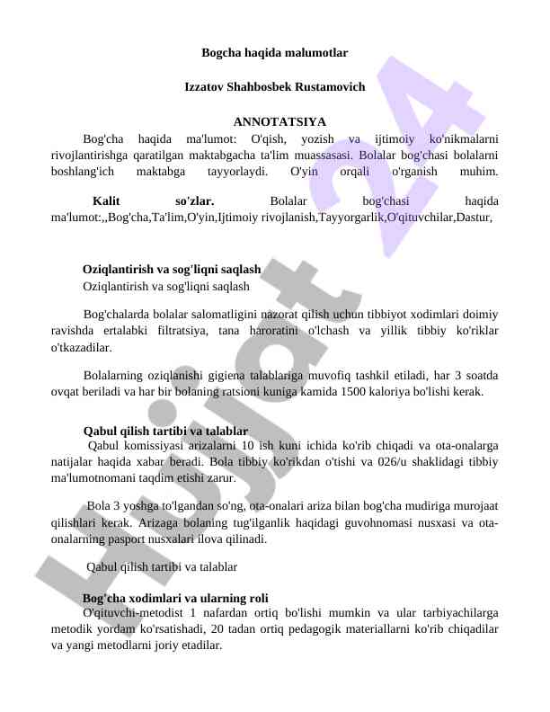 Bog'cha haqida malumotlar va oziqlanish talablari