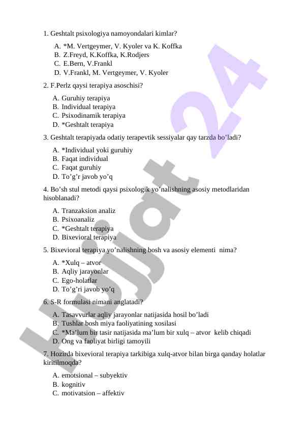 Geshtalt terapiya bo'yicha test savollari