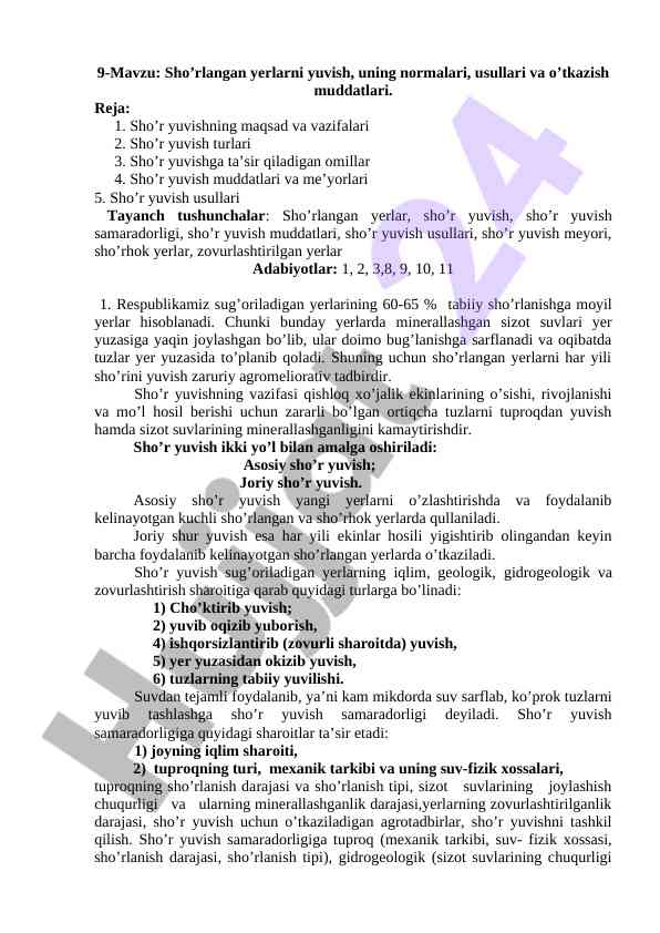 Sho’rlangan yerlarni yuvish usullari va muddatlari