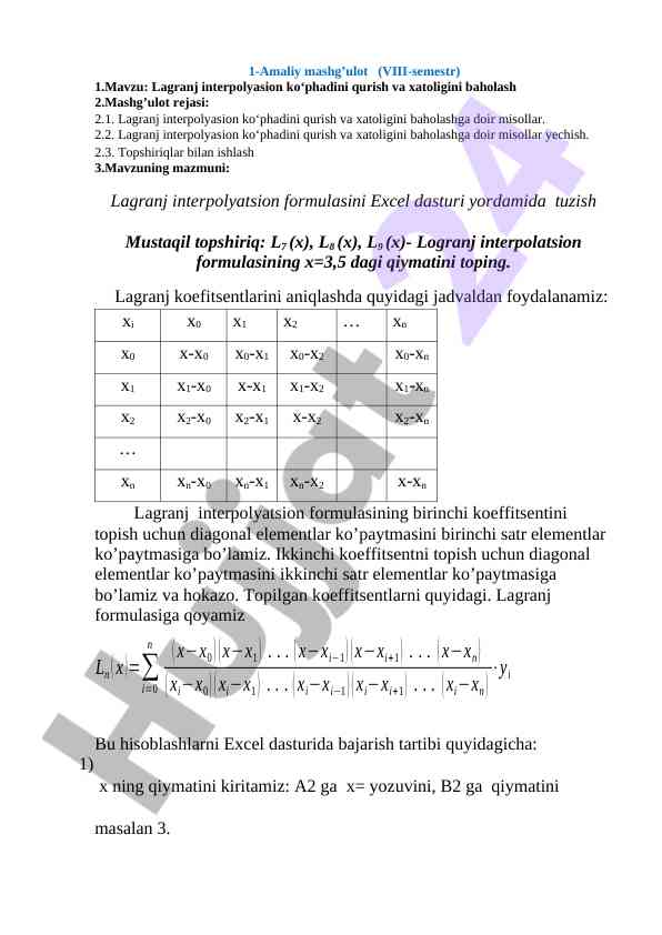 Lagranj interpolatsion формулалари бойича mashg’ulot
