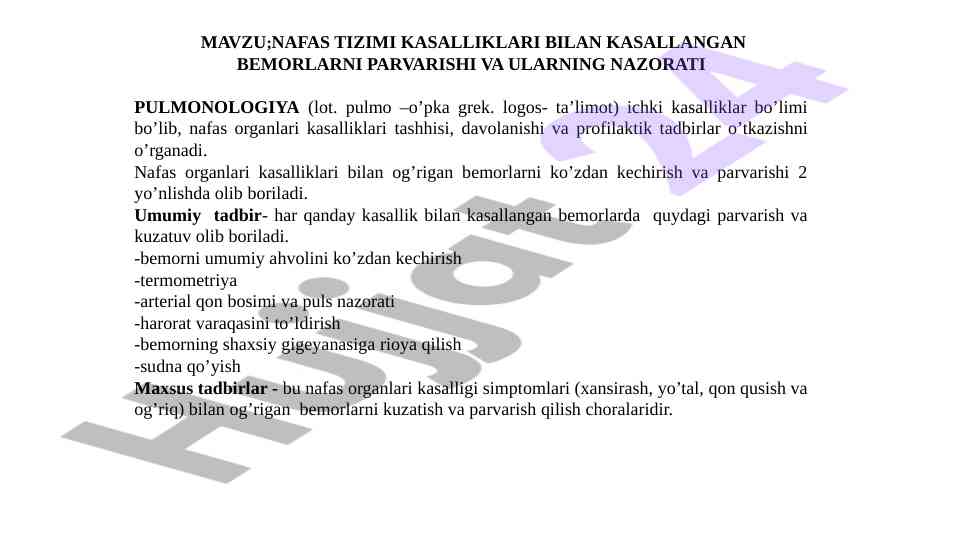 Nafas tizimi kasalliklari bilan bemorlarni parvarishi
