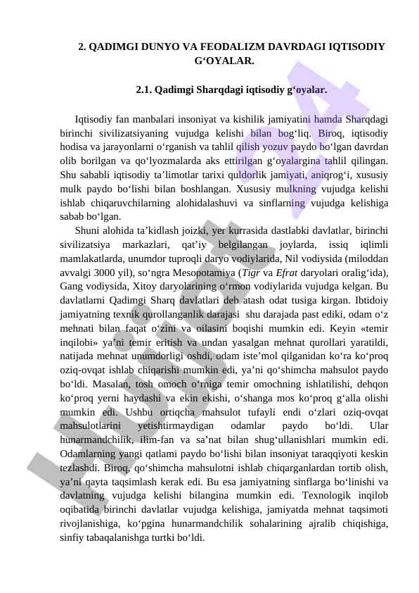Qadimgi dunyo va feodalizm davridagi iqtisodiy g‘oyalar