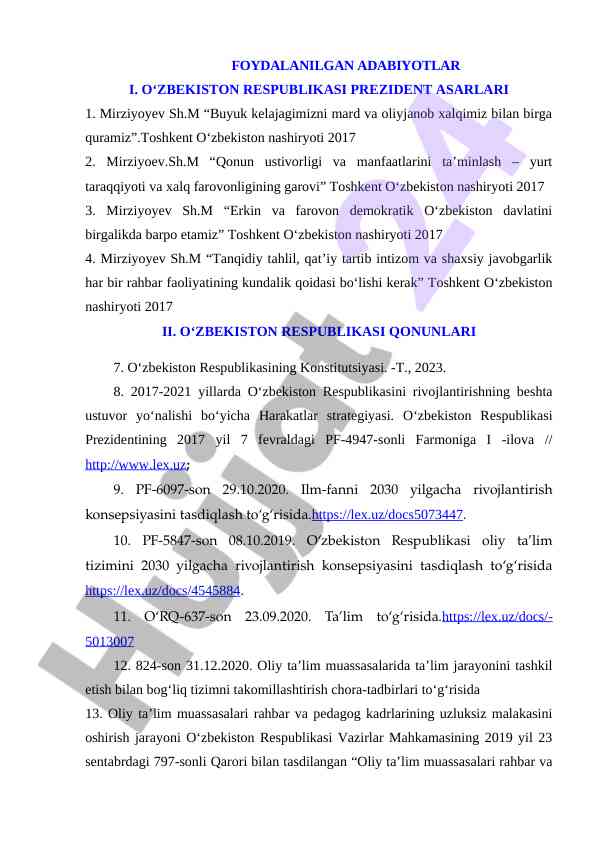 Foydalangan adabiyotlar o‘zbekiston respublikasi