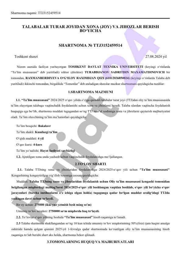 Talabalar turar joyi shartnomasi 2024 yil