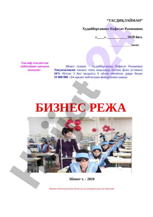 Тадбиркорлик лойиҳасининг қисқача тасвири