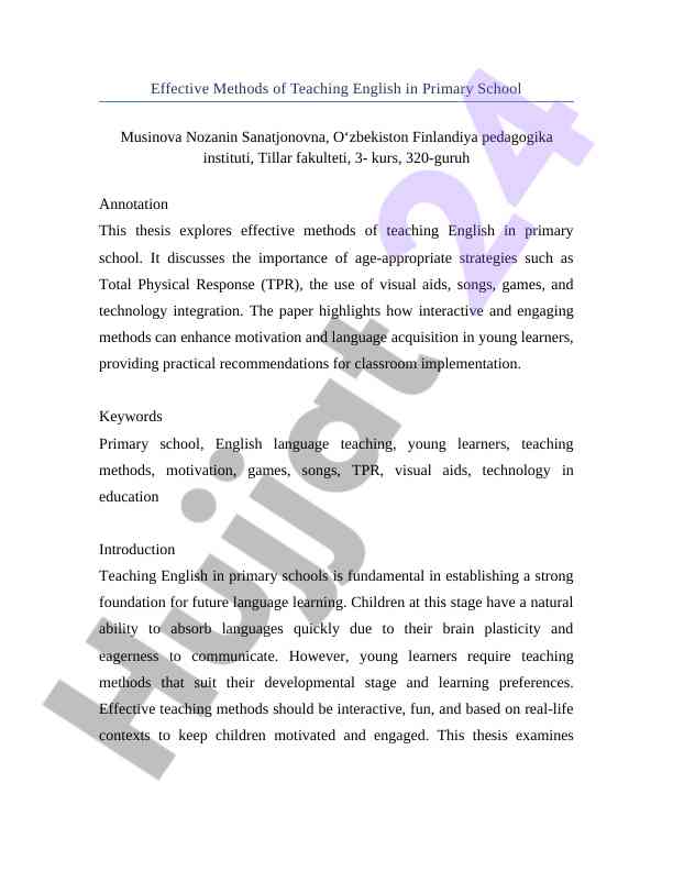 Effective methods of teaching english in primary school
