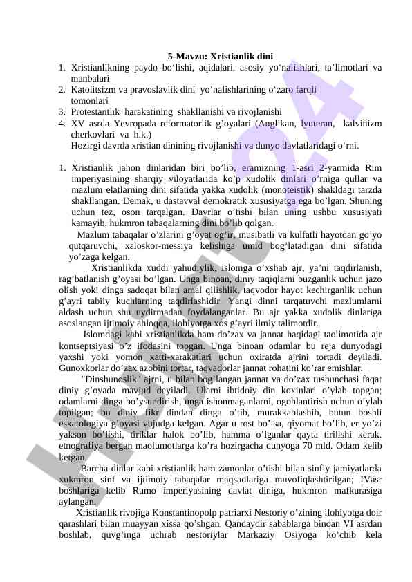 Xristianlik dini: asosiy yo‘nalishlar va taʼlimotlar