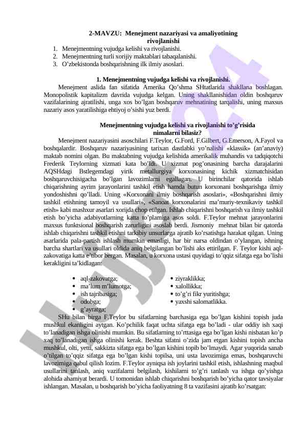 Menejment nazariyasi va amaliyotining rivojlanishi
