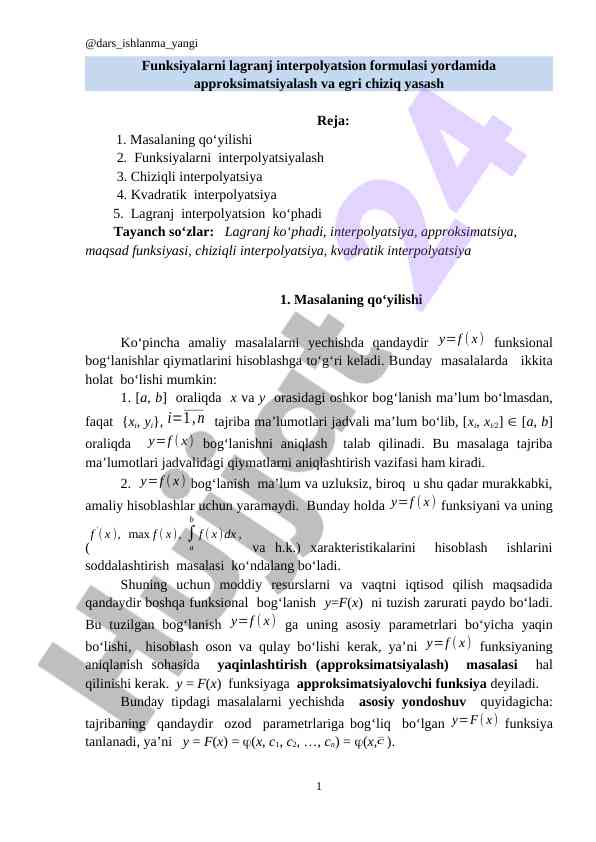 Funksiyalarni lagranj interpolyatsion formulasida