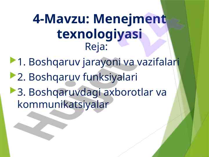 Menejment texnologiyasi boshqaruv jarayoni va vazifalari