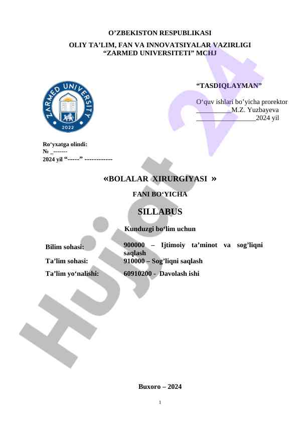 Bolalar xirurgiyasi faniga oid sillabus 2024