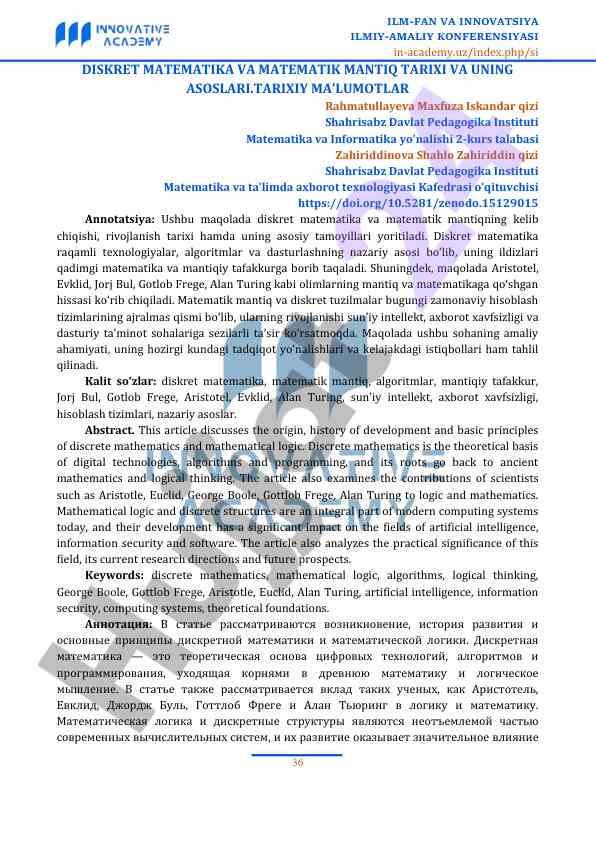 Diskret matematika va matematik mantiq asoslari
