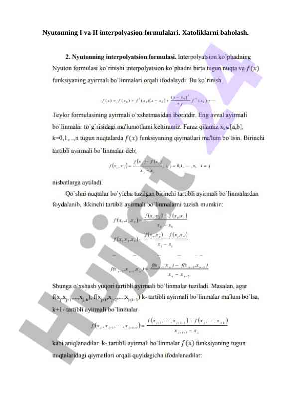 Nyutonning i va ii interpolyasion formulalari xatoliklar