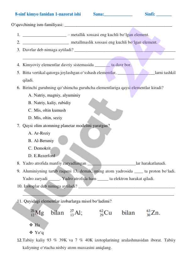 Kimyo fanidan nazorat ishining savollari