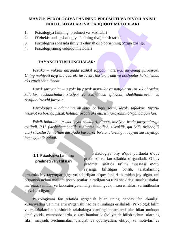 Psixologiya predmeti tarixi va tadqiqot metodlari