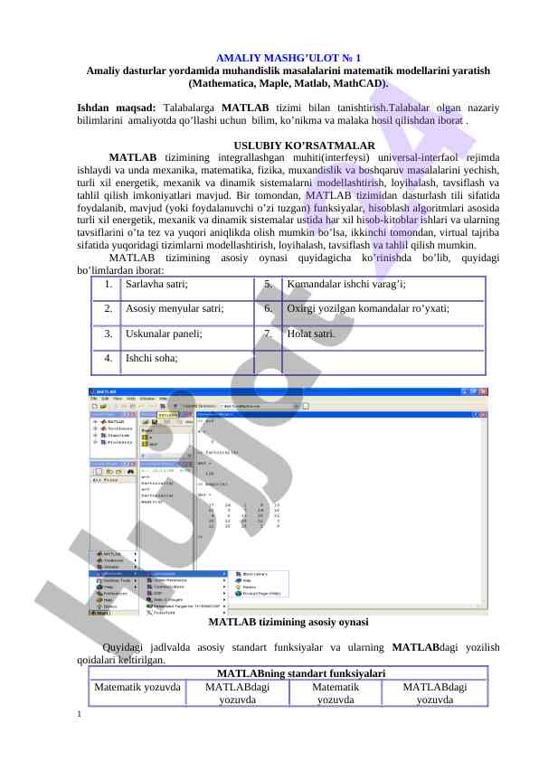 Muhandislik masalalari uchun matlab modelling