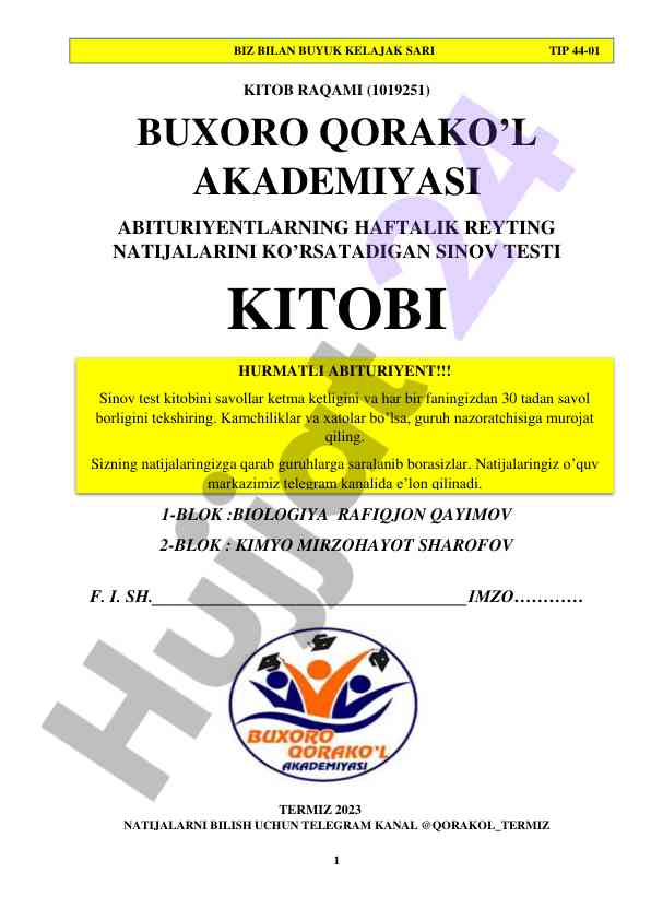 Haqiqiy sinov test kitobi bioogiya va kimyo fanlarida