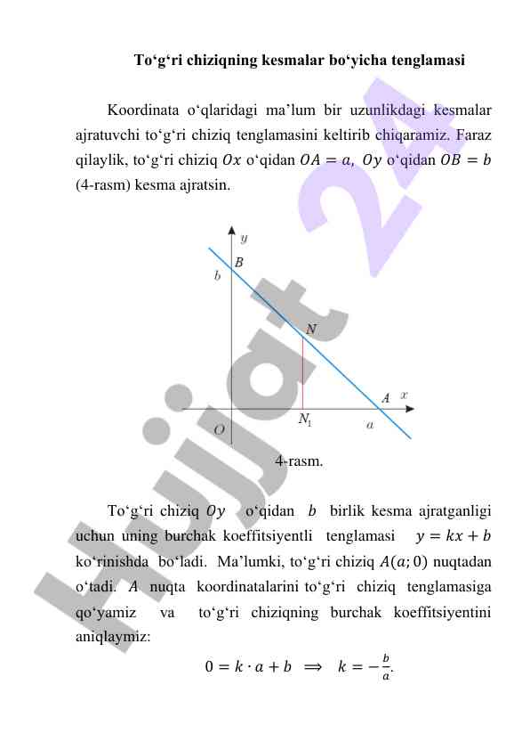 To‘g‘ri chiziqning kesmalar bo‘yicha tenglamasi