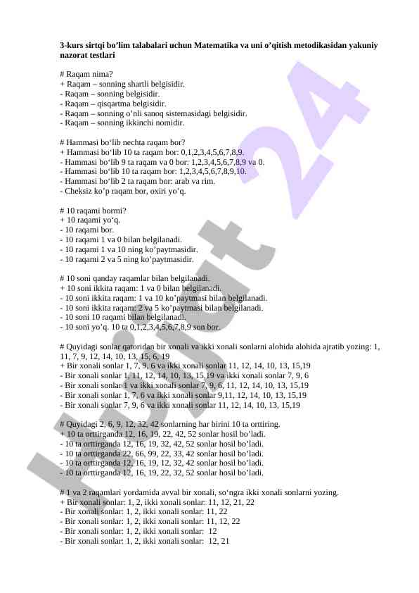 Matematika o'qitish metodikasidan nazorat testlari