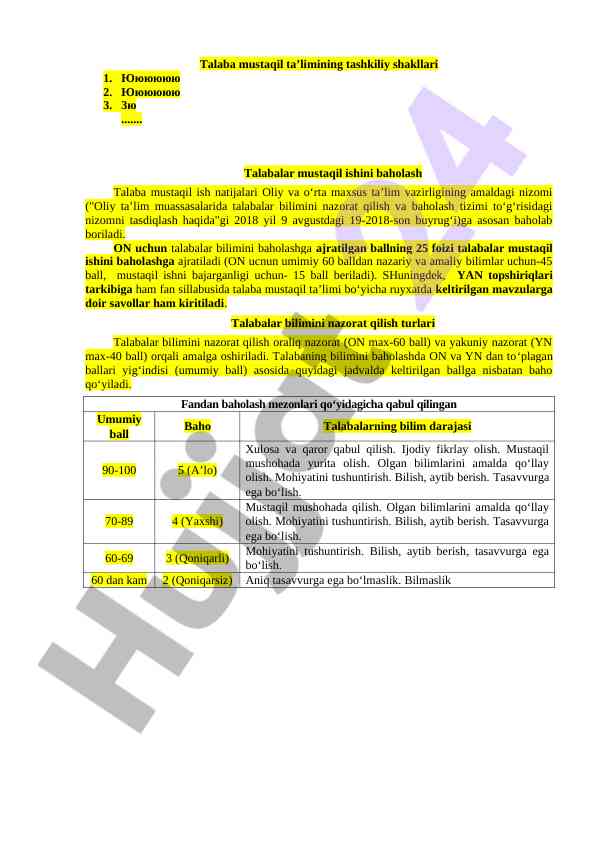 Talaba mustaqil ta'limining tashkiliy shakllari