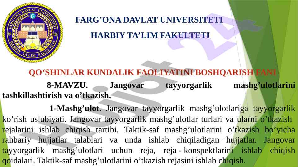 Jangovar tayyoraglar mashg'ulotlarini tashkil etish