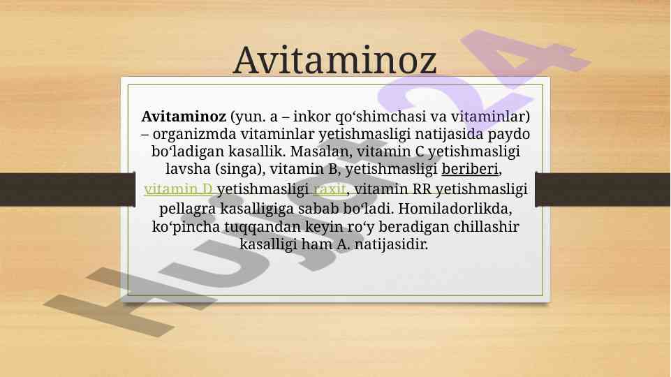 Avitaminoz kasalligi va uning oldini olish usullari