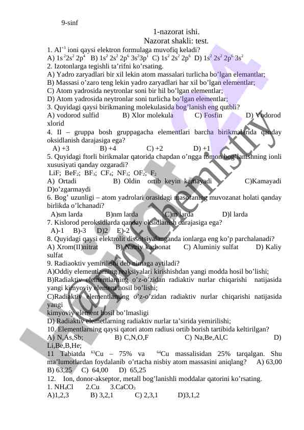 Kimyo nazorati test savollari