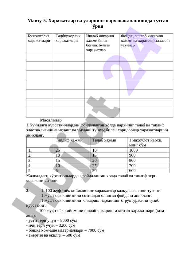 Харажатлар ва нарх шаклланиши тўғрисида курс ишлари