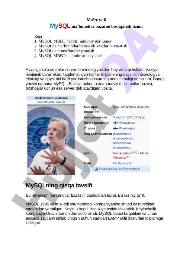 Mysql ma’lumotlar bazasini boshqarish tizimi