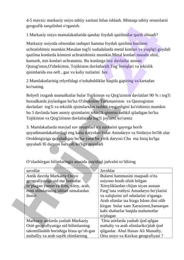 Markaziy osiyo tabiiy resurslari geografiyasi