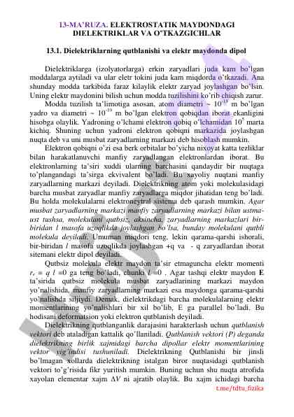 Elektr statika maydonidagi dielktriklar va o'tkazgichlar
