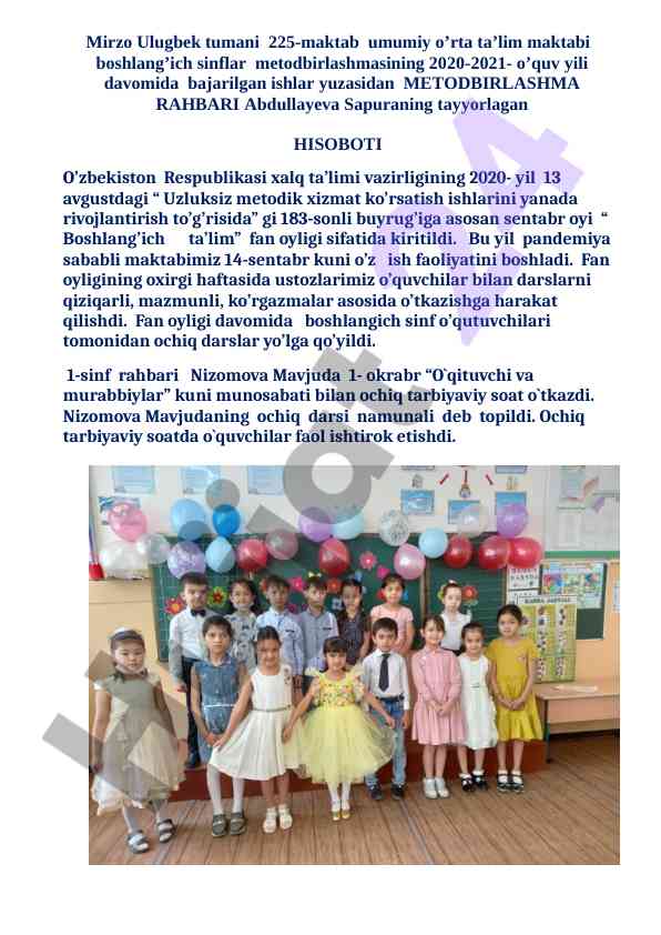 Boshlang'ich ta'lim fan oyligi hisobot