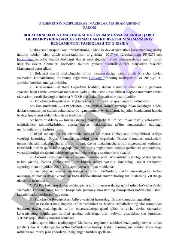 Bolalarni maktabgacha ta’limga qabul qilish tizimi