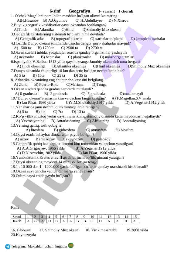 6-SINF GEOGRAFIYA 1-VARIANT TESTI