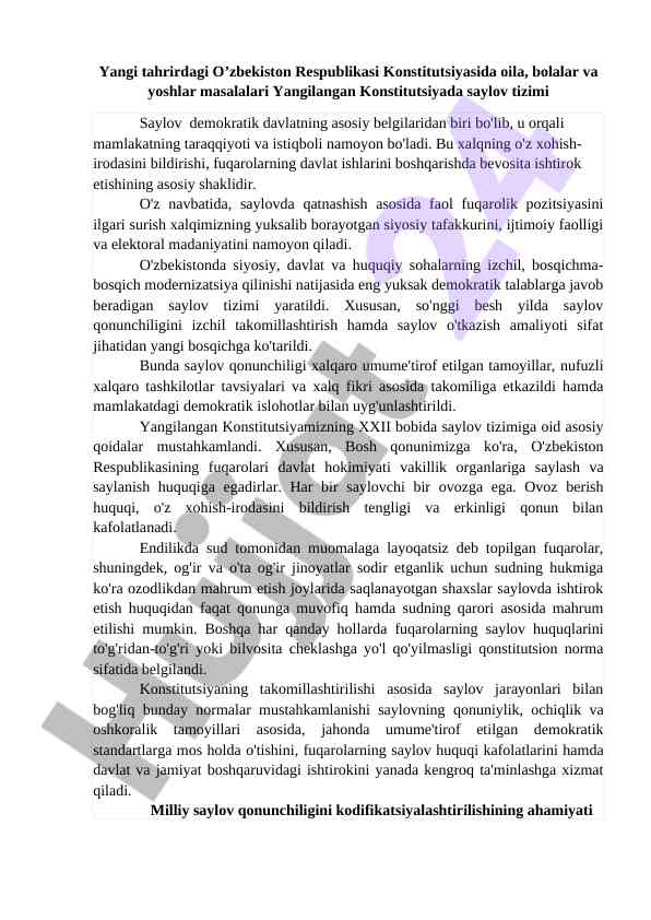 Yangilangan o’zbekiston respublikasi konstitutsiyasi