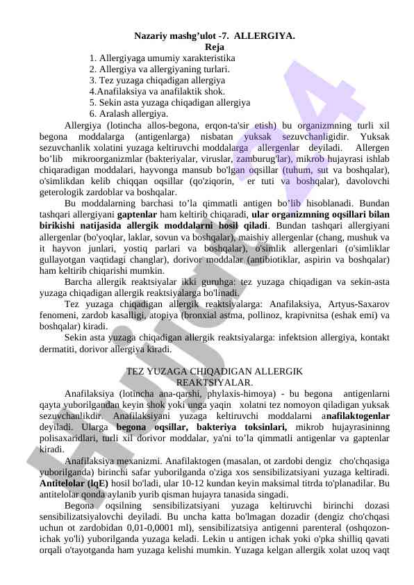Allergiya haqida nazariy mashg‘ulot